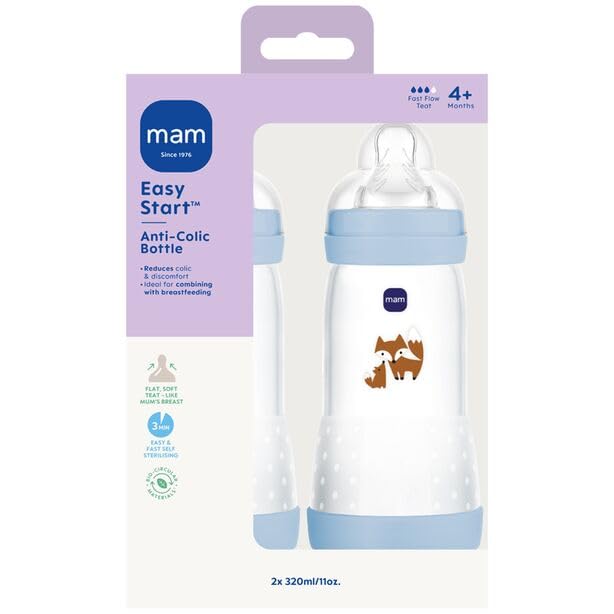MAM Easy Start Anti-Colic Baby Bottles | 2 Pack (2 x 320ml) | Self-Sterlising | Fast Flow MAM Teats Size 3 | Baby Accessories | Blue (Various Designs)
