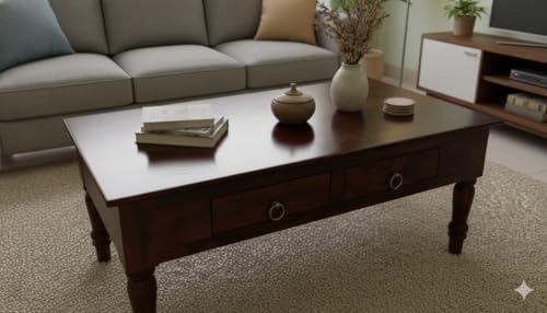 Image of MISAN Solid Sheesham Wood Coffee Table - Elegant Center Table with Two Spacious Drawers | Sturdy & Stylish Wooden Furniture for Home & Living Room (A - Walnut)