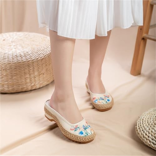 Mules en lin brodés main style chinois | Chaussons plats chics
