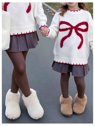 Image of RoseSeek Girl's Bow Graphic Sweaters Crewneck Long Sleeve Knit Pullover Tops Drop Shoulder Knitwear