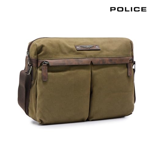 Image of Police Premium Messenger Bag for Men | Separate Laptop Compartment with Multiple Utility Pockets | Durable Canvas & Leather Trim | Adjustable Shoulder Strap | Olive Green