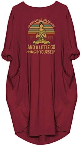 JiaMa Womens I'm Mostly Peace Love and Light and A Little Go Print Long Sleeve Loose Pocket Oversize Tunic Dress Wine Red, XX-Large