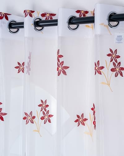 Image of (7 ft Sheer Tissue with Embroidery 3 Flower Design|Grommet Curtains Window Long Curtain|Tissue Fabric Window Curtain (Maroon & Golden)|for Home|(Pack of 2)|213 L X 121 W cm