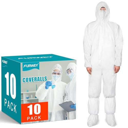 Hazmat Suits 10Pack Disposable Protective Coveralls Heavy Duty Full Body Painters Suit for Men & Women with Shoe Covers Elastic Wrists Ankles and Hood Available in 4 sizes-Large