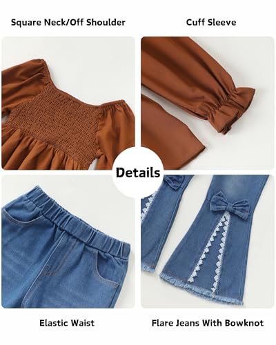 Image of XUANHAO Toddler Girls Clothes Puff Sleeve Smocked Shirt Flare Jeans Pant Outfits for Girl Bell Bottom Kids Girls Clothing Set