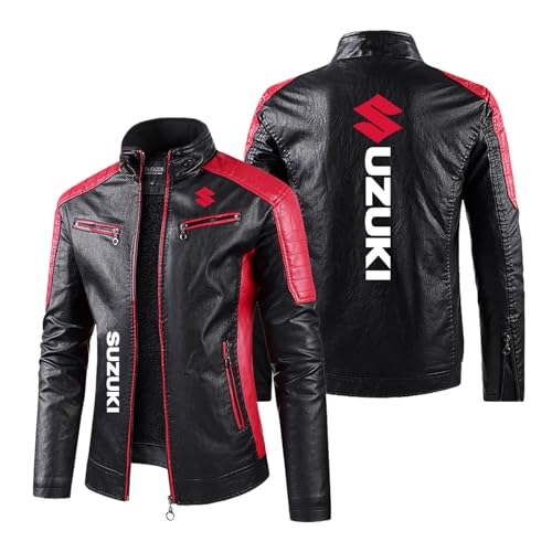 JANZBZSU Chaquetas De Motocicleta para Hombre, Abrigos para SU.ZU.K.I Traje De Carreras De Cuello Alto Maillot De Ciclismo De Cuero PU Ropa De Cuero De Colores-HongS||S