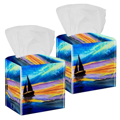 2PCS Square Tissue Box Cover, Sailboat Over Sea Leather Tissue Case Facial Paper Organizer Dispenser for Vanity Toilet Tank Dresser Night Stand Table Countertop Office Car