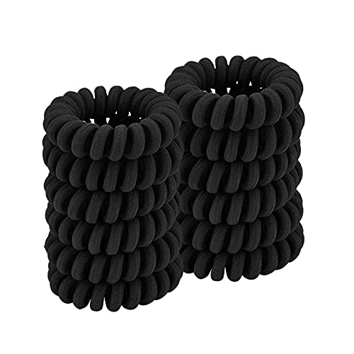 Spiral Hair Ties (Cloth Black,12 Pcs), Coil Hair Ties for Thick Hair, Ponytail Holder Hair Ties for Women , No Crease Hair Ties, Phone Cord Hair Ties for all Hair Types with Plastic Spiral