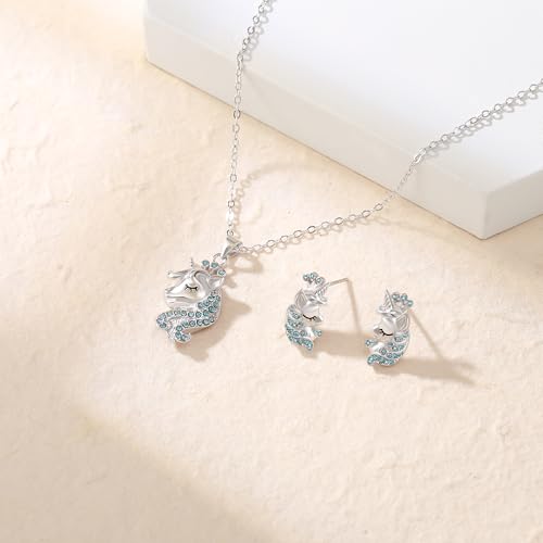 Juego de joyas de unicornio de plata 925 con pendientes de tuerca y colgante 4