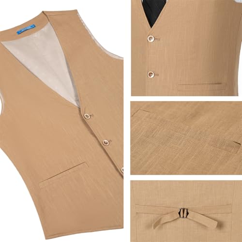 SOLOVEDRESS Men's Summer Leisure Cotton Linen Suit Vest Regular Fit Dress V Neck Waistcoat for Party and Beach4