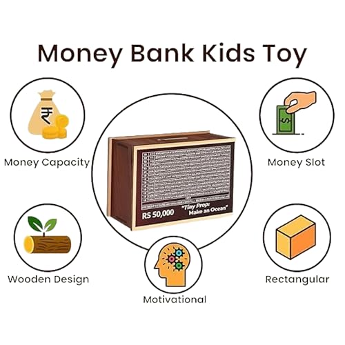 Image of Premium Wooden Money Bank with Lock - Vintage Coin Saving Box for All Ages - Ideal for Cash, Coins, Donations & Home Decor (50K Money Box, 1, Count)