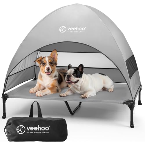 Veehoo Outdoor Dog Bed with Canopy, Cooling Elevated Pet Cot with Removable Shade, Non-Slip Feet, Raised Dog Cot for Large Dogs, Pet Tent Bed for Camping, Beach, XLarge, Grey, CWC2411