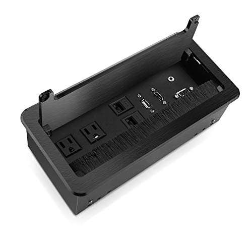 Zeshan Table Power Connectivity Box for Conference Desktop conference table outlet hdmi Black with Power Socket, USB, HDMI, RJ45 and Audio