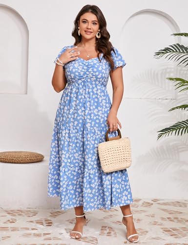 Image of KOJOOIN Women Plus Size Summer Dress Short Sleeve Casual Dress Floral Midi Dress Sweetheart Neck Ruffle Dress