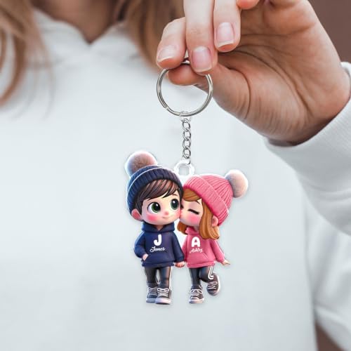 Generic Cute Cartoon Couple Walking Personalized Acrylic Keychain 2D Flat For Him And Her Couple Keychain Set For Couple Anniversary Birthday Valentine's Day Gift For Your Lover