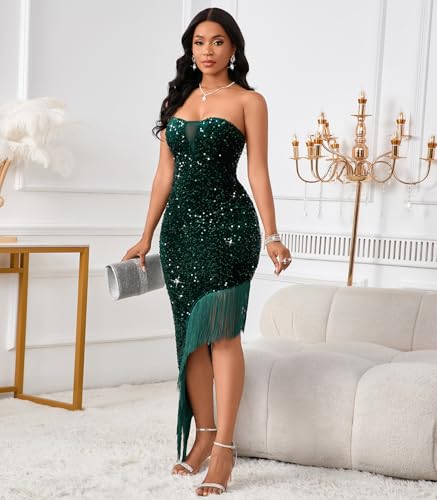 Image of dasmzper Women's Sexy Sequin Off The Shoulder V Neck Mesh See Through Dress Feather Hem Bodycon Evening Maxi Dress