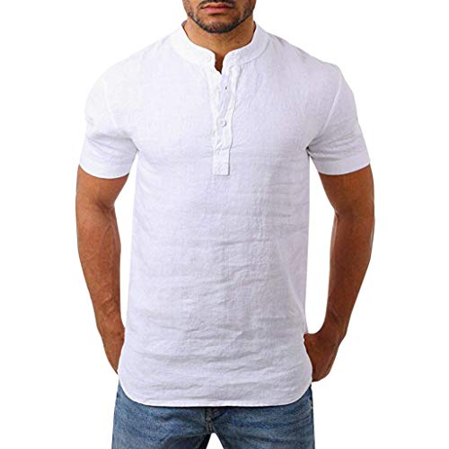 Men Henry Short Sleeve Slim Solid Linen Shirts Male Casual Business Fit Blouse White #TOP20