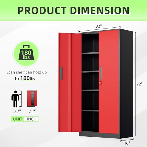 Image of INTERGREAT Metal Storage Cabinet, 72 inch Locking Steel Cabinets with 2 Door and 4 Adjustable Shelves, Tall Metal Cabinet for Home Office, Garage, Warehouse,(Black+Red)