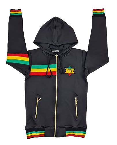 Time Is Money Men's Urban Designer Rasta Lion Tracksuit, Black, Red, White, Olive with Gold Zip3