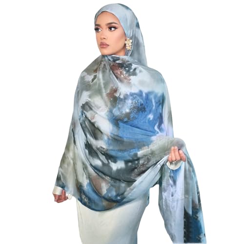 RARITYUS Silky Satin Hijab Scarf for Women Watercolor Floral Printed Muslim Hijab Head Wrap Fashion Long Scarves Shawls