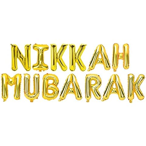 Nikkah Mubarak Letter Foil Balloons - Islamic Muslim Wedding Balloon Banner Set - 16" Metallic Silver Rose Gold (Gold) Cover