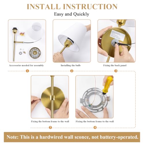 Bsmathom Wall Sconces Sets of 2, Hardwired Classic Brushed Brass Sconces Wall Lighting, Bathroom Vanity Light Fixture with Fabric Shade for Bedroom Living Room Hallway Kitchen, Bright Gold by Bsmathom - Used condition - Image 5