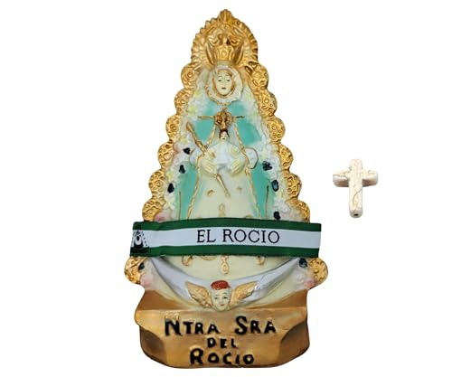 Set Devocional Virgen del Rocío – Imagen de 17 cm, Medida Virgen del Rocío y Cruz de Turquesa Blanca – Regalo Devocional y Artesanía Religiosa Andaluza