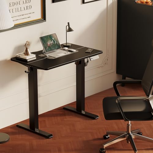 Image of YDN 35 inch Small Electric Standing Desk Adjustable Height, Sit Stand up Desk with Memory Presets & Cable Management, Home Office Desk for Office & Computer Workstation, Black Frame /Black Top