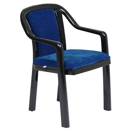 Image of Nilkamal Plastic Chair for Living Room with Arm & Cushion | 3 Year Warranty | for Home, Living Room, Outdoor | Iron Black & Blue Colour | Signature