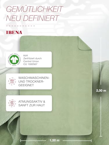 Ibena Malaga Bio Wolldecke 150x200 cm – 100% Baumwolle, Made in Germany, Baumwolldecke grün