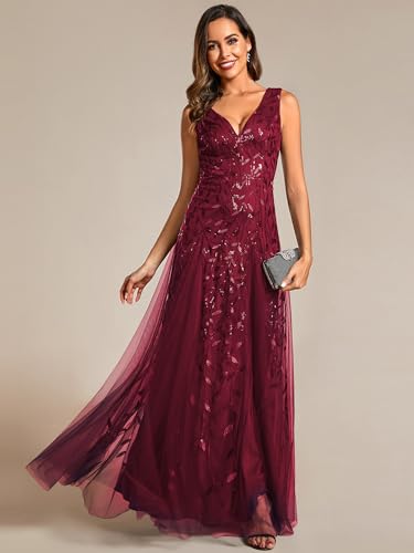 Image of Ever-Pretty Women's Prom Dresses V Neck Sleeveless Tulle Hem A-Line Sequins Maxi Ball Gowns Burgundy US22
