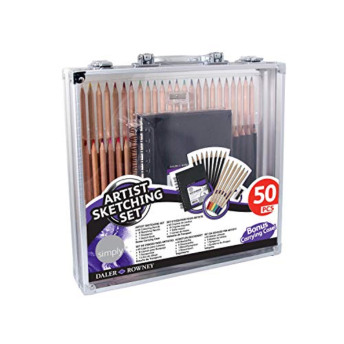 Daler Rowney Artist Sketching Set, 50 Pieces with Carrying Case Includes 40 Colored Pencils, 8 Sketching Pencils, 1 Sharpener, 1 Sketch Book, 1965007002