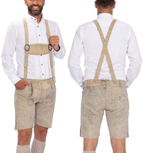 BAVARIA TRACHTEN Lederhosen Men Oktoberfest Costume, Genuine Leather German, Mushroom Brown Short, Green, White, Goat