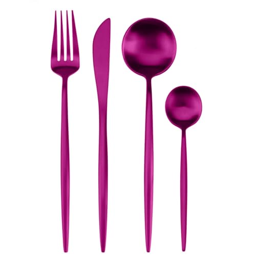 Image of 4 pcs Flatware Set, Pink Silverware Set for 1, Knife Fork Spoon, Stainless Steel Home Dinnerware Tableware,Mixed Cutlery Set Eating Utensils for Restaurants (4 Pcs Pink)
