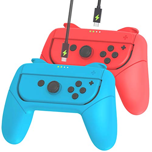 BLUELAKE performance 2 pack joy con grips compatible with Nintendo Switch Joy-Cons for Extra Comfort game handle with charging function (1x RED & 1x BLUE)