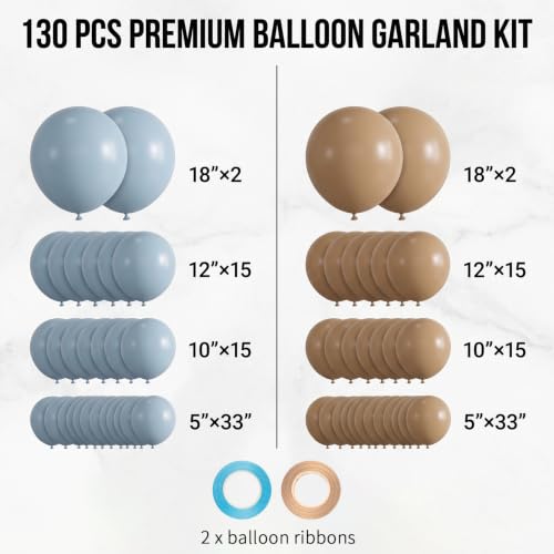 Image of 130pcs 18 /12 /10 /5 Inch Dusty Blue and Khaki Balloon Garland Arch Kit | Assorted Balloons for Boho Bear Boy Baby Shower, Neutral Woodland Birthday, Rustic Wedding Party Decorations