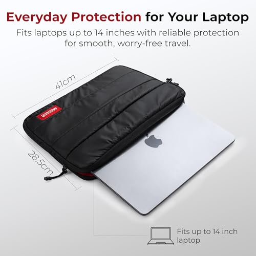 Image of MegaStro Laptop Sleeve (Fluffy) with 10 Year Warranty | Soft Puff Padding, Water Resistant, Zipper Closure | Compatible with MacBook, Lenovo, Dell, HP, Acer & Asus (Black /Red, 14 Inch)