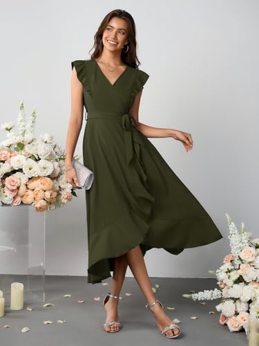 Image of Womens Summer Midi Dress V Neck Ruffle Sleeve A Line Flowy Beach Party Cockatil Formal Dresses for Weddding Guest