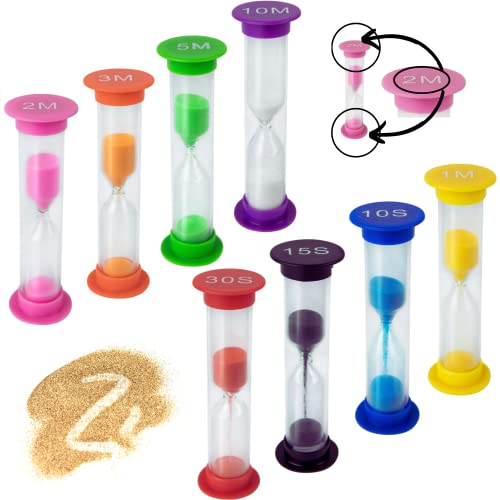 8 ud Relojes de Arena para Niños con 8 Tiempos y Colores Diferentes:10m-5m-3m-2m-1m-30s-15s-10s.Temporizador niños. Reloj de Arena para Lavar Dientes, para el baño, Juego sensorial. Toilet Timer.