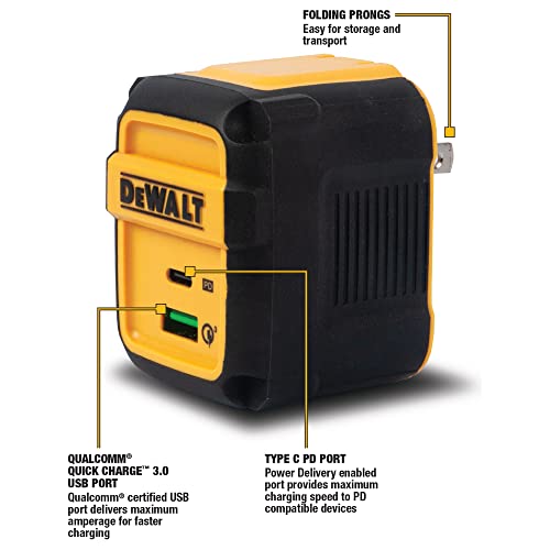 DEWALT Heavy Duty 49.5W Dual USB & USB C Charger Block, Black & Yellow | (Cable Not Included), USBC Power Adapter, 2 Port Compact Foldable Fast Wall Charger for iPhone 17/16/15/14 Galaxy Pixel 4/3 - image 3