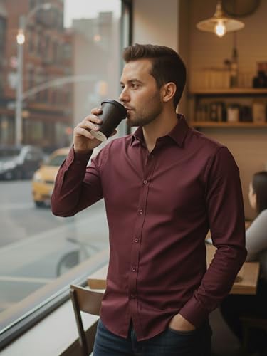 Image of VastraVibes Men's Solid Casual Shirt - Full Sleeve Slim Fit Cotton Blend Button-Down Shirt for Office, Party, Formal