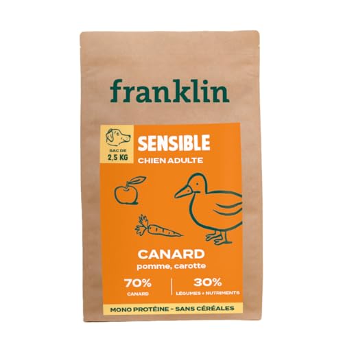 Franklin – Nourriture pour Chien sans Céréales – Gamme Protéinée – avec 70% de Canard – Mono-protéine – Digestion Facile – Forme Ronde 13mm – 2,5kg