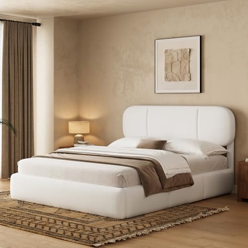Full Size Bed Frame with Storage, Boucle Cloud Bed with 4 Locking Drawers & LED Lights, Modern Upholstered Platform Bed, Plush Sides & Footboard, Adju