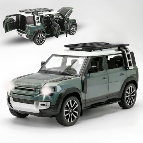 Image of 1:32 Scale Land Rover Defender Model Car - Exclusive Alloy Metal Pullback Toy with Openable Doors, Lights, and Music for Kids (Green Colour)