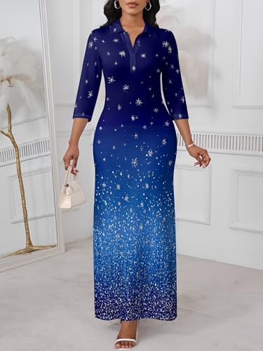 Image of PinkPatty Women's Casual 3 /4 Sleeve Polo V Neck Bodycon Maxi Dress | Semi formal, modest style, long fitted, versatile for church, work, business, office and daily wear