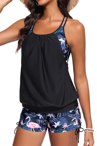 Holipick Women Flamingo and Black Tankini Swimsuits Two Piece Tummy Control Bathing Suits Blouson Swim Tank Top with Boy Shorts L