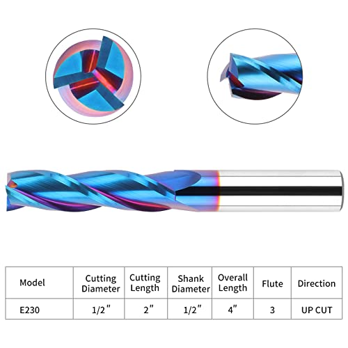 Eanosic Upcut Spiral Router Bit 3-Flute With 1/2” Shank, Extra Long (4 Inch), 1/2” Cutting Diameter, 2” Cutting Length, Carbide Cnc Router Bits Blue Nano Naco Coated End Mill For Wood Mortises Carving Engraving #TOP6