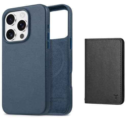 Coque Aimantée iPhone 16 Pro TUCCH en simili cuir bleu et son porte-cartes amovible