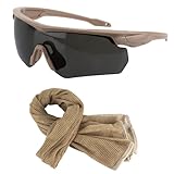 ToopMount Sportbrille und -schal, Schießbrille mit khakifarbenem Rahmen und 3 Wechselgläsern + Wüstenschal (Sand)