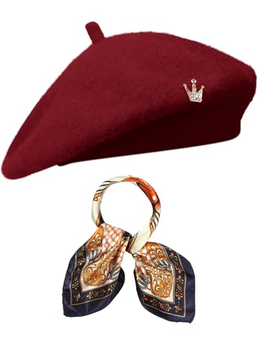 Jamntower 3 Pcs Beret Hats for Women French Wool Beret with Silk Scarf Brooch Paris Fashion Outfit for Girls(Burgundy)